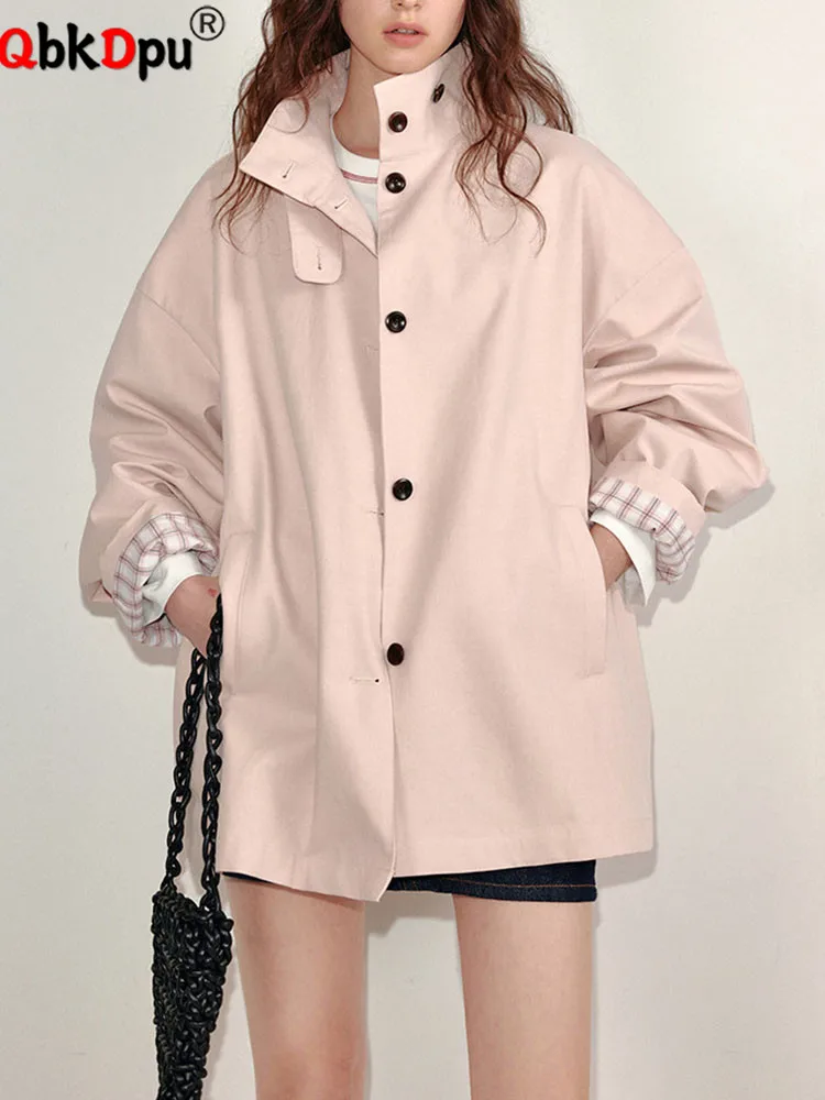 

Korean Design Loose Trench Coats Women Casual Pink Single Breasted Outerwears Spring Fall Long Sleeve Fashion Jackets Blusas New