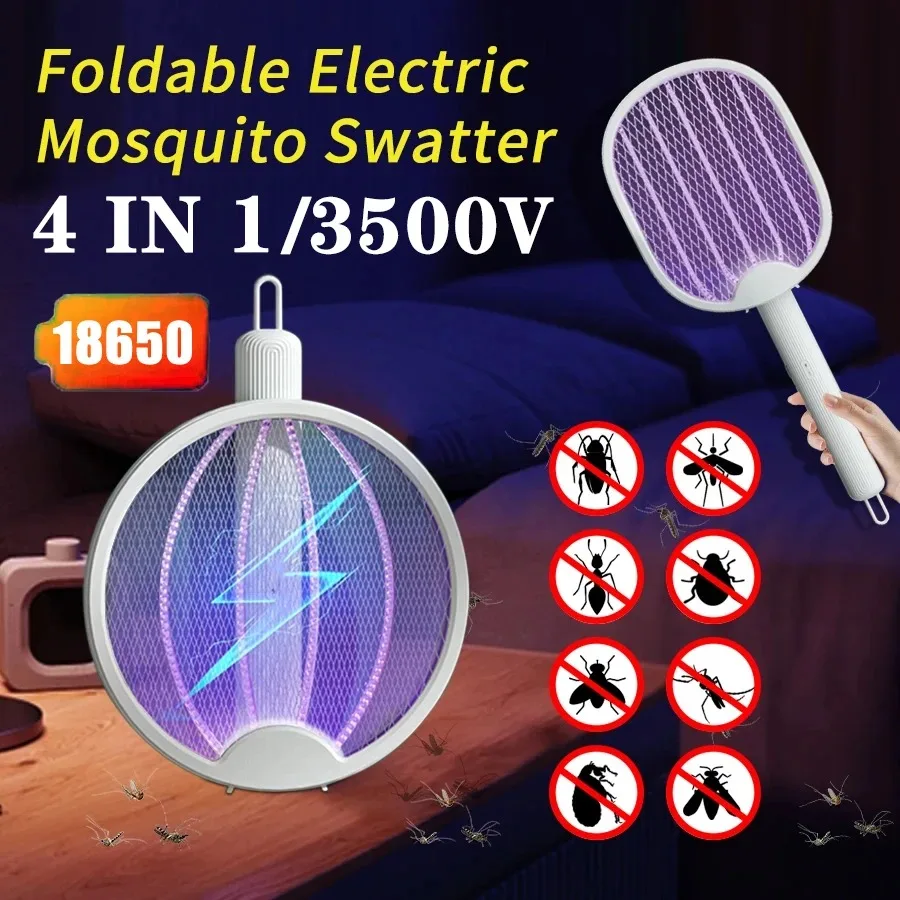 4 In 1 Foldable Electric Mosquito Swatter Killer 3500V Fly Swatter Trap USB Rechargeable Mosquito Racket Insect Killer Bug Zappe