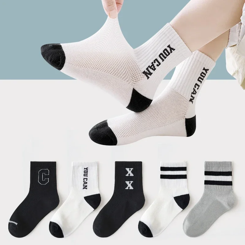 5 Pairs Spring Summer Kids Fashion Mid-calf Socks Cotton Mesh Girls Boys School Sports Long Socks Children Clothing Accessories