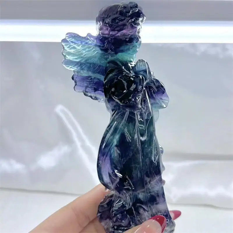 15CM Natural Rainbow Fluorite Angel Carving Crafts Healing Cute Children Holiday Gift Gemstone Collection Home Decoration 1PCS