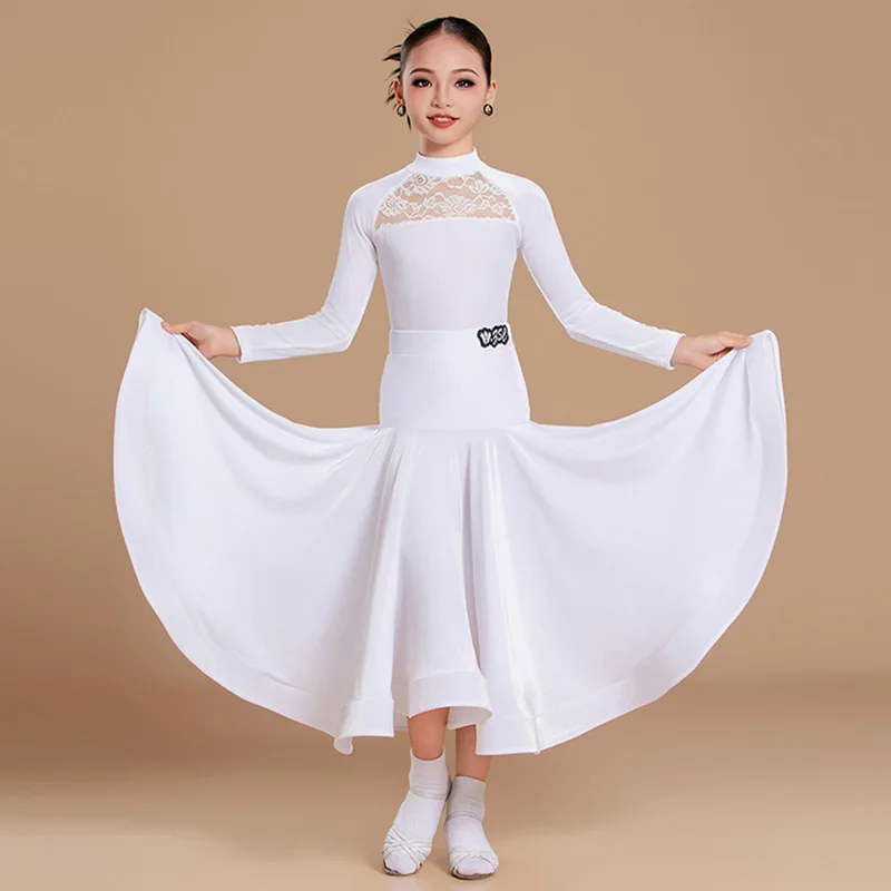 

Детские костюмы для современных танцев для девочек, вальс, танго, танцевальная одежда для соревнований, женская тренировочная кружевная боди с длинными рукавами, юбка