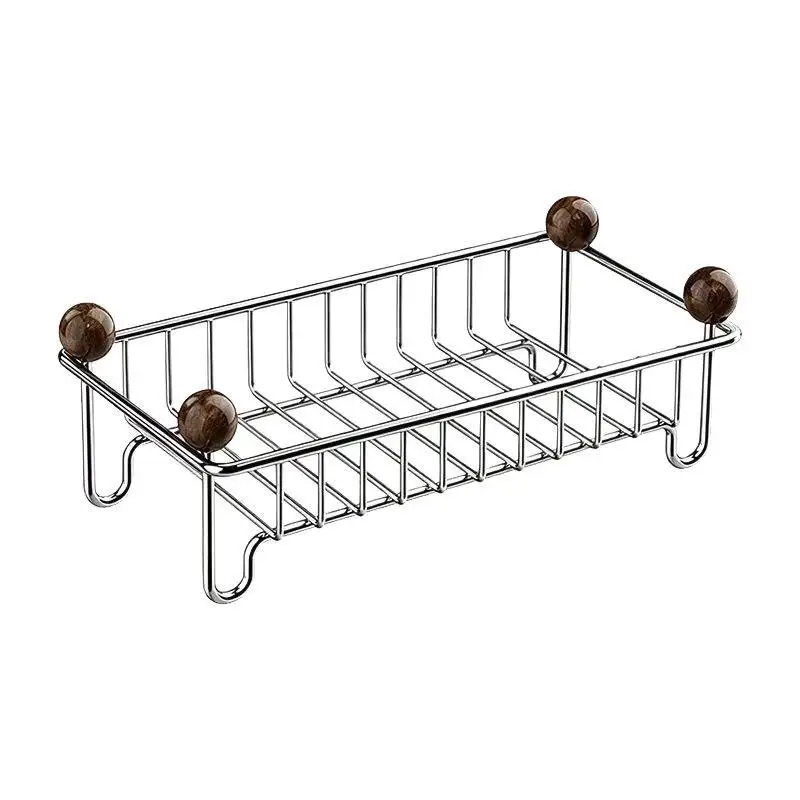 Stainless Steel Countertop Drain Rack Rust Proof Coating Wood Knobs For Bathroom Kitchen Toiletries Storage Organization