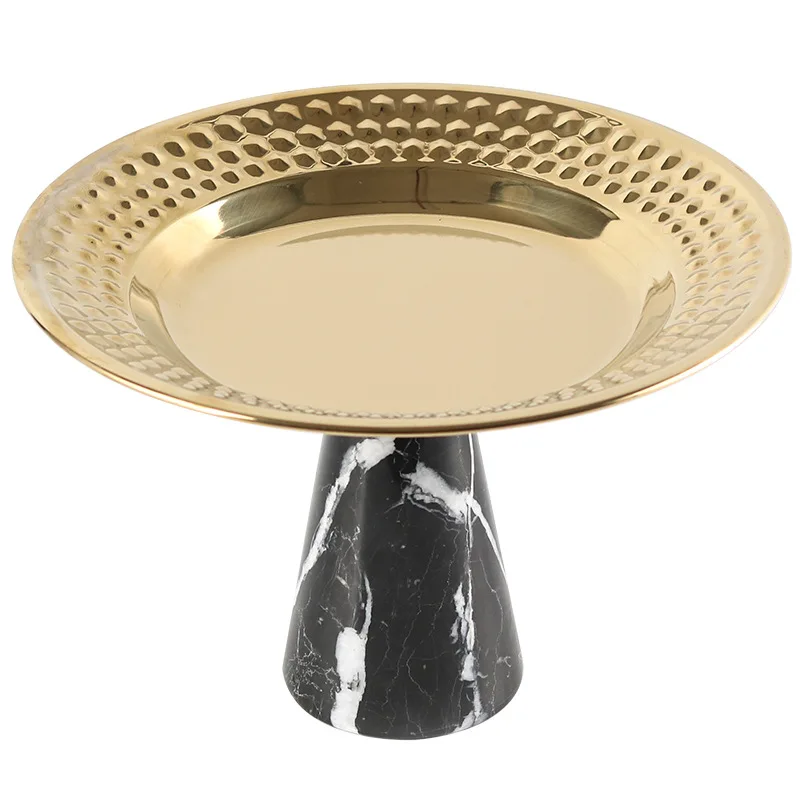 Light luxury high-legged marble base fruit plate decoration metal hammered display plate melon seed snack fruit plate