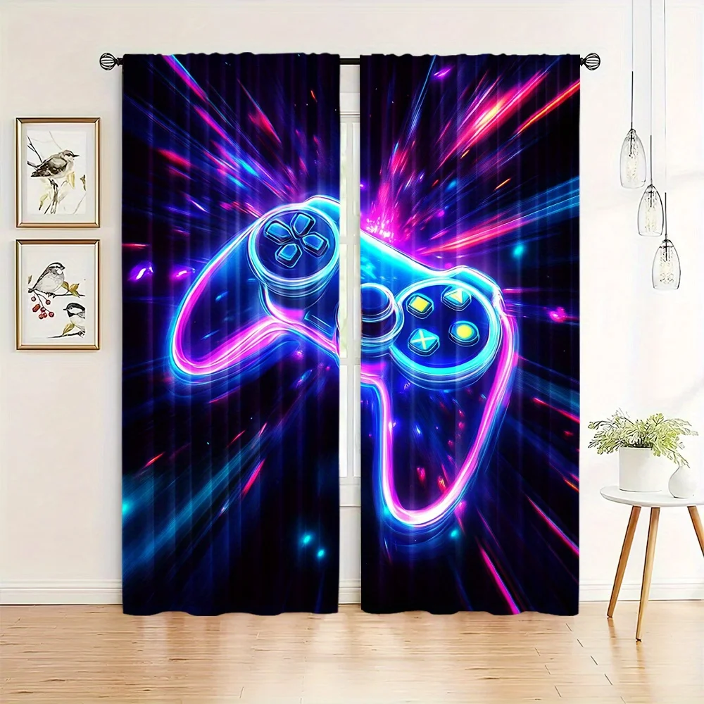 

Polyester Gaming Controller Curtains 2pcs Flame Design Rod Pocket Drapes for Bedroom Living Room Durable Gamepad Theme Window