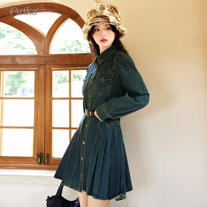 ARTKA 2023 Autumn New Fashion Vintage High Waist Lapel Denim Dresses Female Single Breasted Pleated Dress With Belt LN92232Q