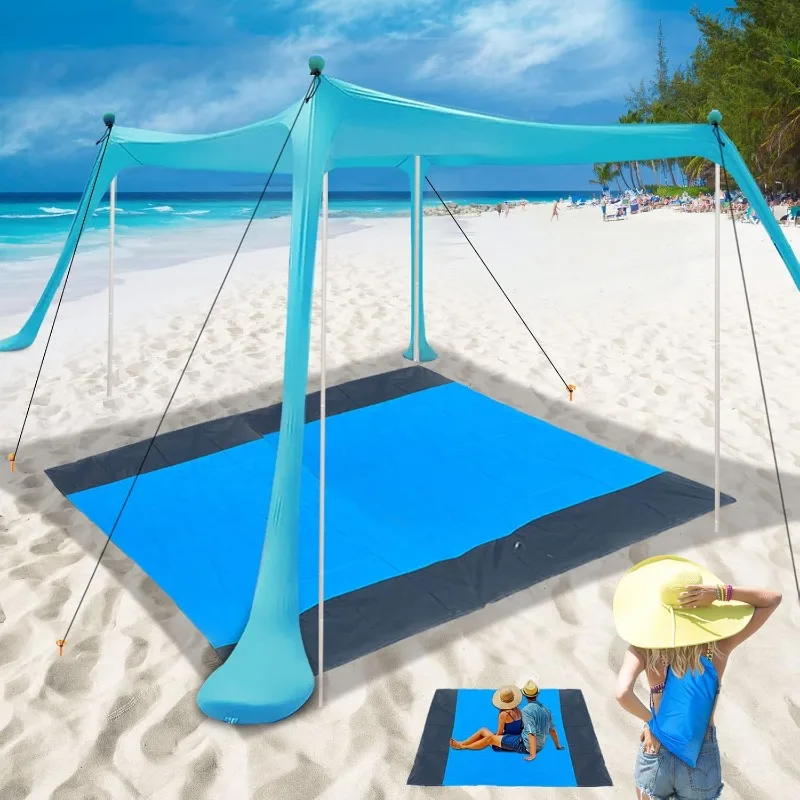 

Beach Canopy Beach Tent 11X11 FT Include Beach Blanket Beach Shade Canopy UPF50+ Sun Protection Windproof Ropes
