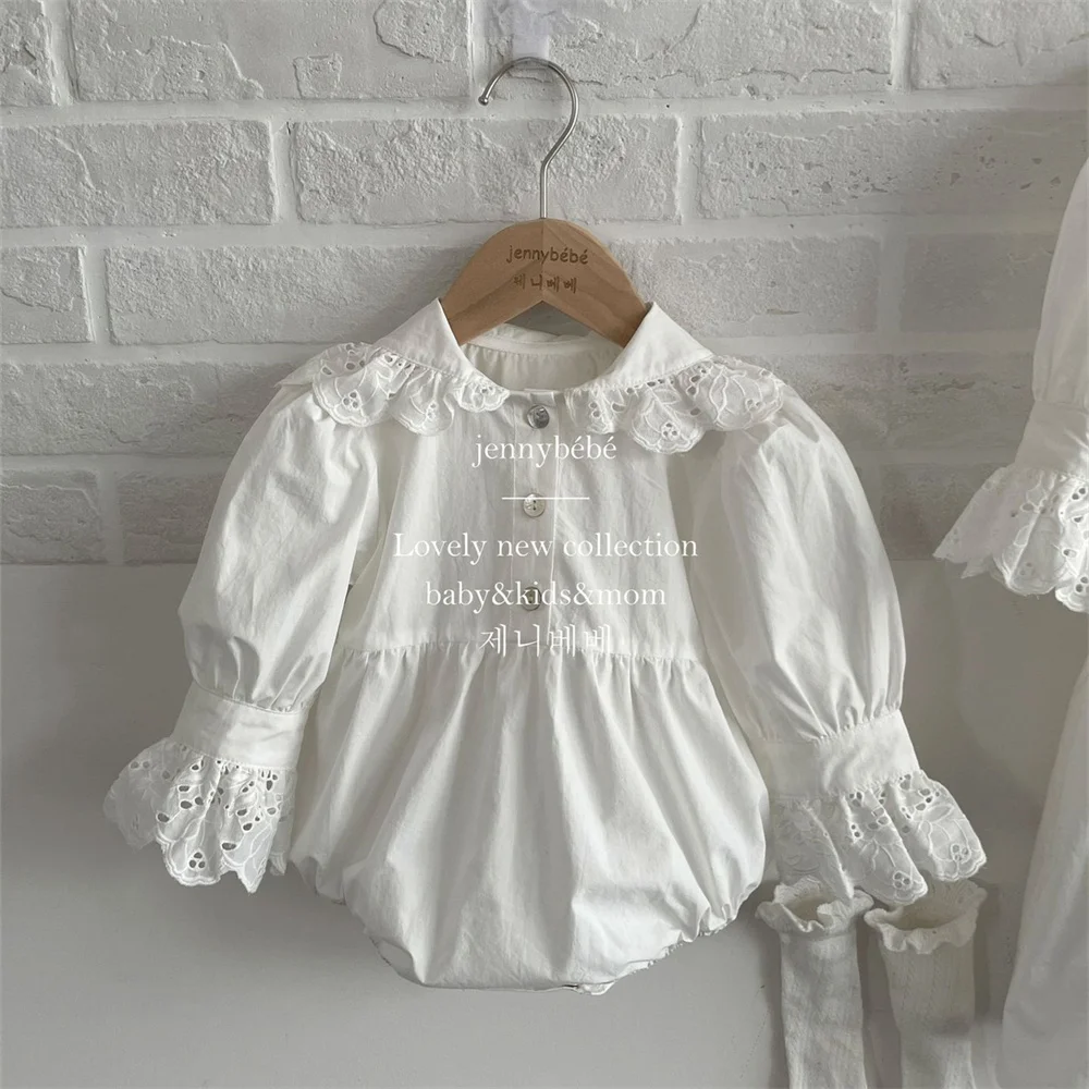 White Lace Embroidery Princess Petal Collar Bodysuit Korean Style Baby Girl Spring 2023 New Infant Clothes Kids Dresses 0-6Years