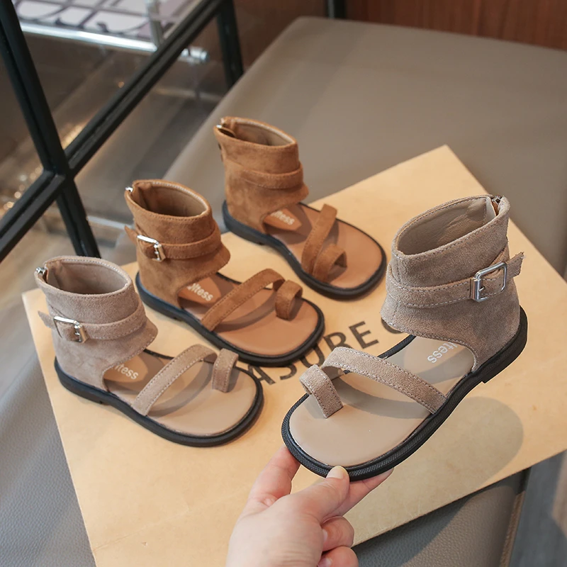 Girls Gladiator Sandals Open Toe Children Ankle High Top Sandals Back Zipper Bohemian Style Kids Summer Fashion Shoes Size 26-36