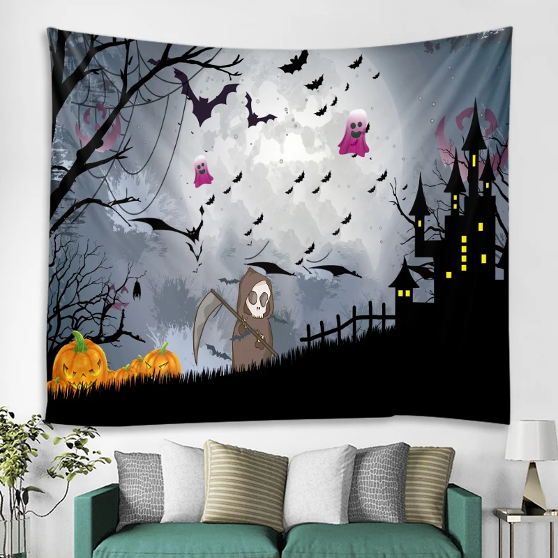 Halloween Horror Pumpkin Witch Skull Print Tapestry Home Living Room Bedroom Wall Decoration Background Fabric 