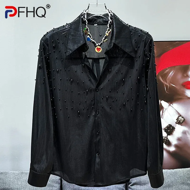 

PFHQ Men's Korean Shirts Summer Heavy Industry Bead Decoration Design Light Luxury Delicacy Long Sleeve Chic Tops Male 21Z4694