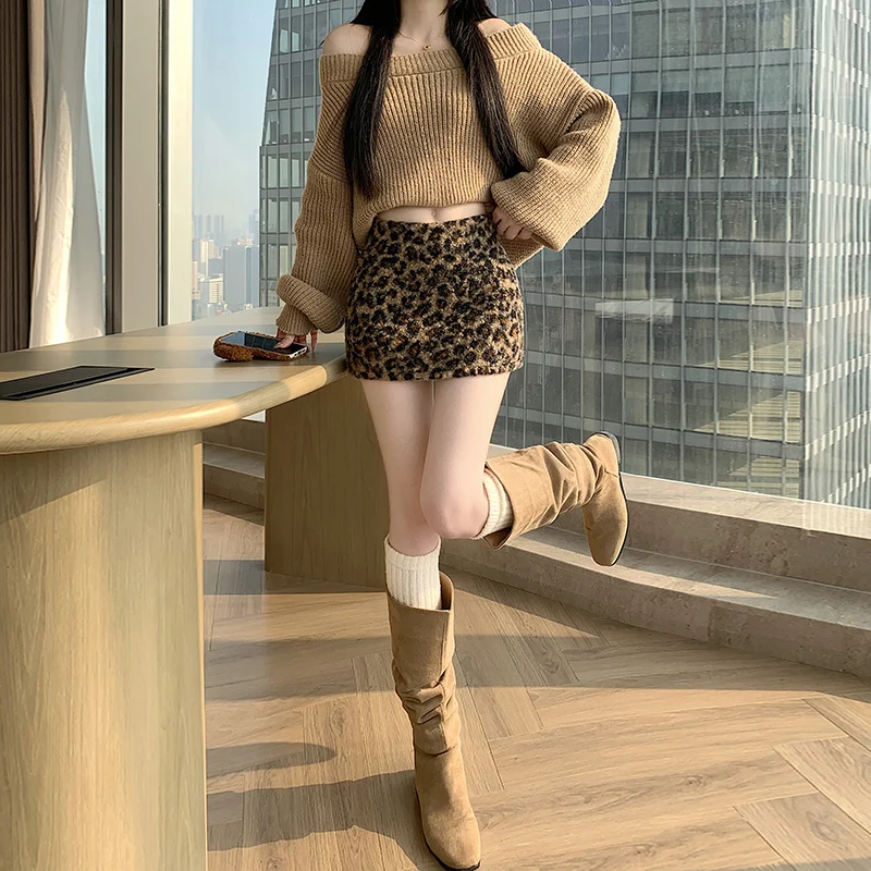 Ele Leopard Print Furry ter Ne  Dr Women's High Waist Slimming Inner A-Line ort Skirt Korean Sle Commute