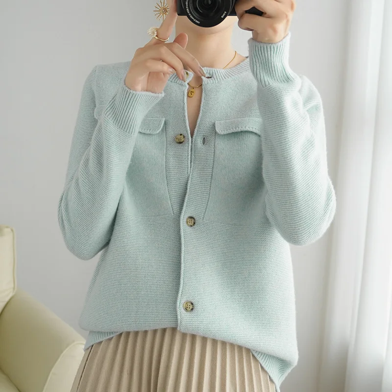 Aliselect 2024 Hot Sales Spring Autumn Women Cardigan 100% Merino Wool Knitted Sweater Tops Coat Casual O-Neck Pocket Soft Shirt
