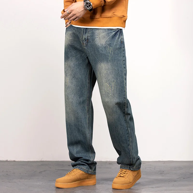 

American Retro High Waist Wide Leg Jeans Men's Spring Autumn Loose Straight Cut Trendy Long Trousers Youth Faion Cotton