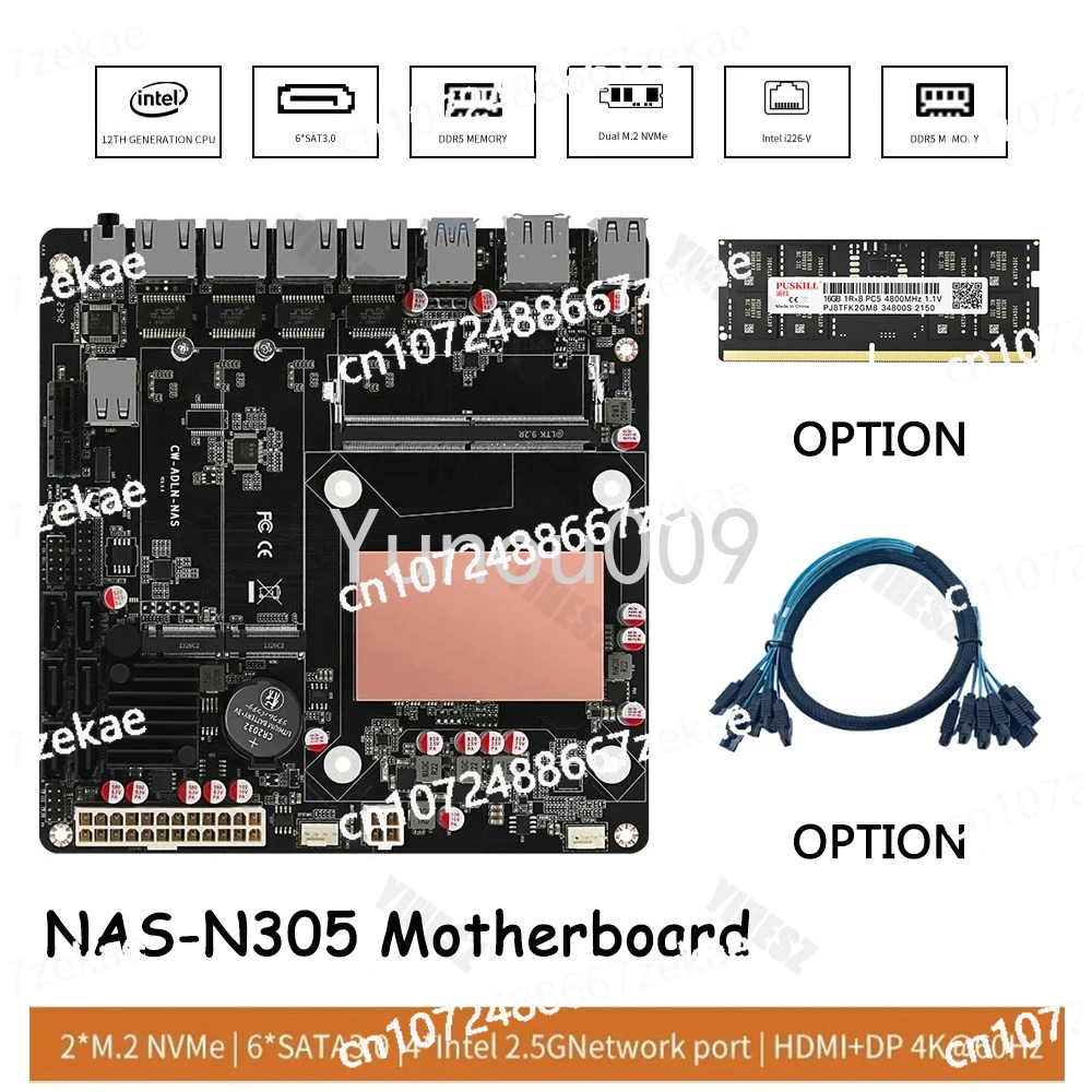 17x17 NVMe 2x SATA3.0 Motherboard ITX with 6x 4x2.5G N305 NAS PCIE Motherboard Mini DDR5 8G M.2 Card Network NAS DIY 4800Mhz