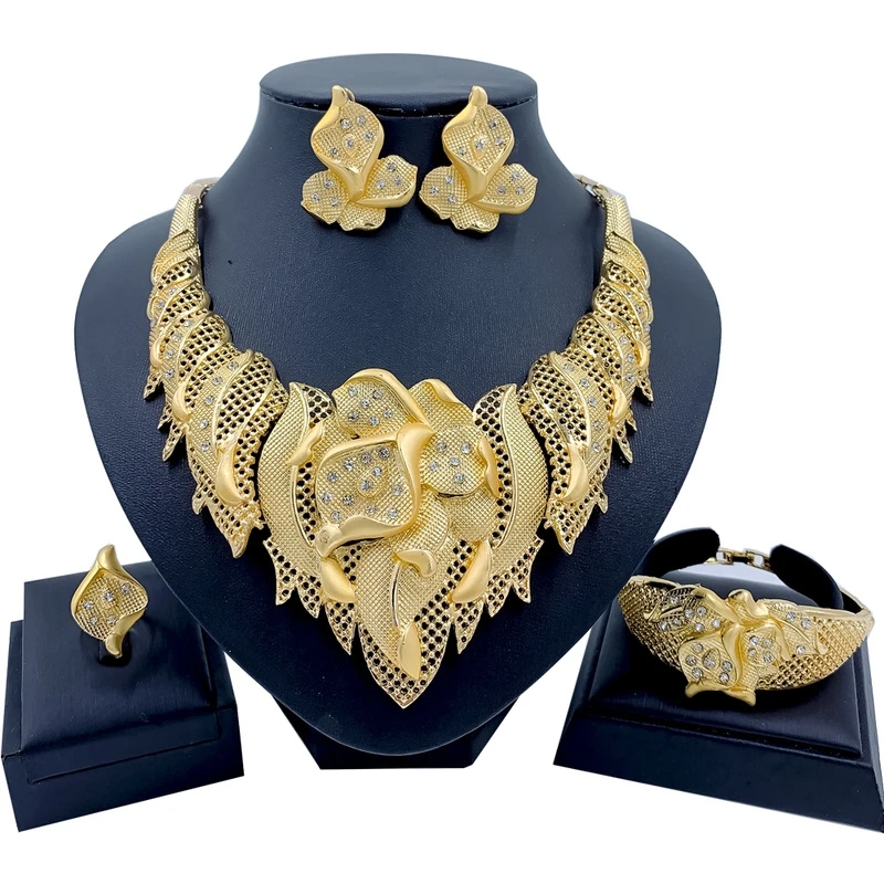 African Jewelry Set for Women Big Necklace Dubai Ethiopian Gold Color Jewelery Earrings Bracelet Bridal Jewelry Sets Wedding