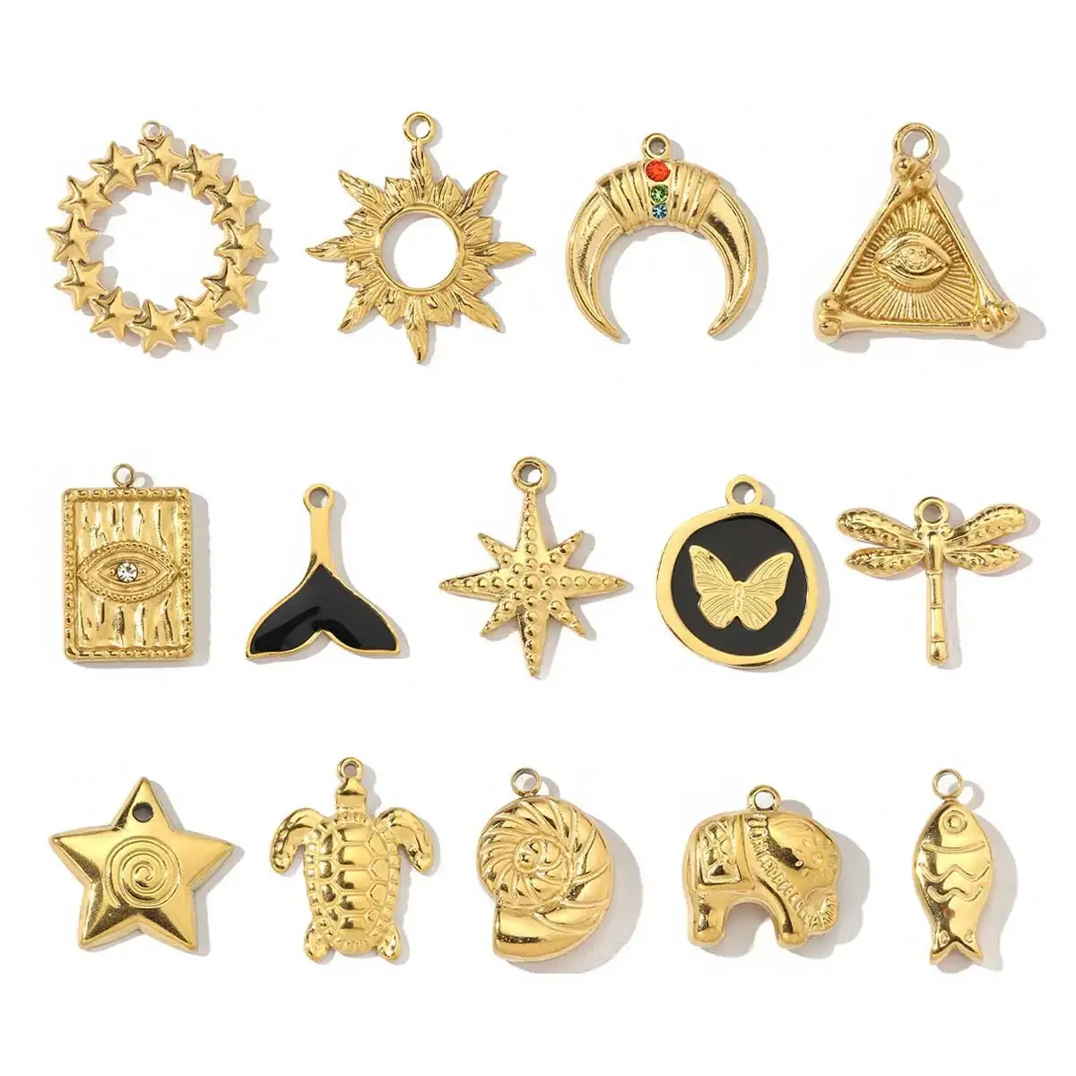3pcs/Lot Fashion Stainless Steel Star Sun Moon Eye Charms Conch Turtle Fish Tail Dragonfly Necklace DIY Small Pendant Wholesale