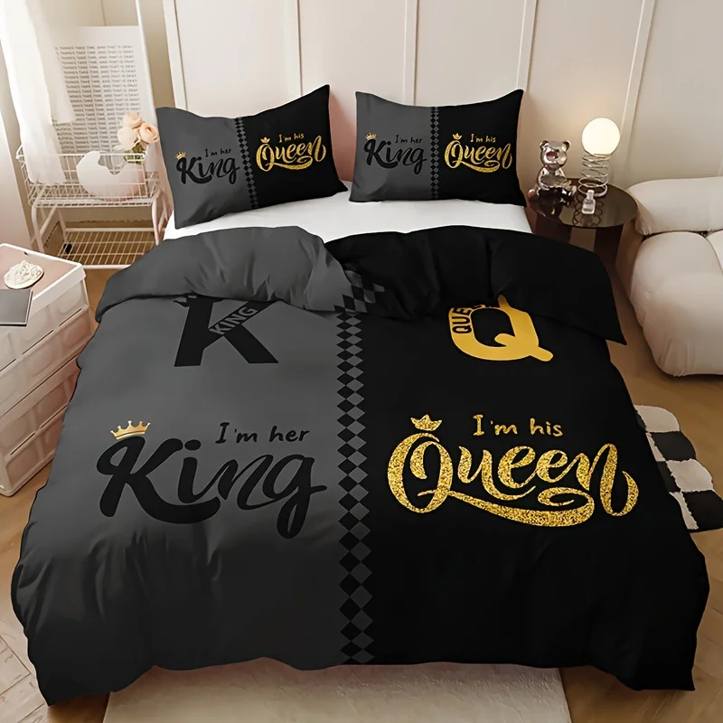 

Black Grey Crown Lettering Duvet Cover Set (1 Duvet Cover +2 Pillowcases) High Definition Printing For Home Dorm Decor