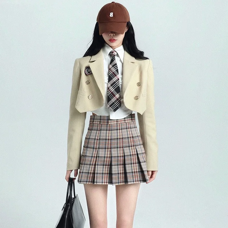 

Japanese Korean Clothing Suit Women's Spring Wear 2023 New Short Jacket Plaid Half Skirt College Middle School Uniform