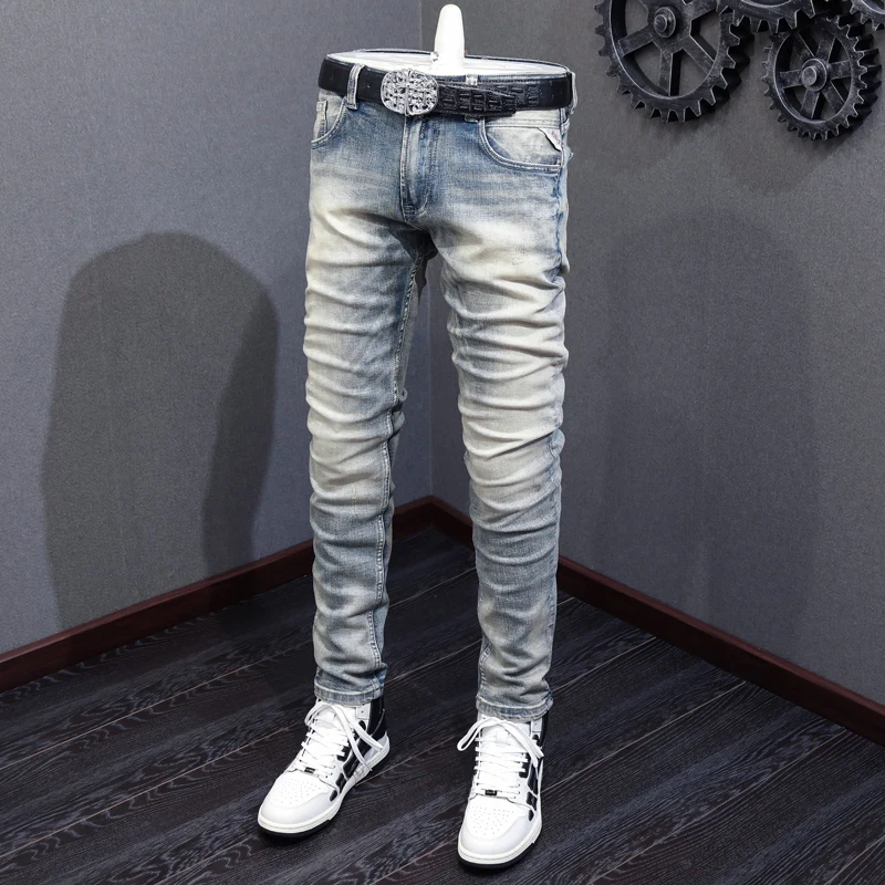 Newly Designer Fashion Men Jeans Retro Light Blue Plain Washed Elastic Slim Fit Ripped Jeans Men Vintage Denim Pants Hombre