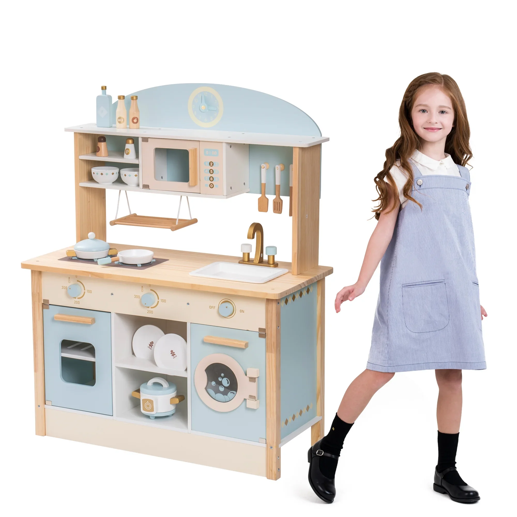 Robotime Robud Kids Play Kitchen Playset Wooden Pretend Playset with Microwave Oven Clock Towel Rack Toy for Toddler Blue