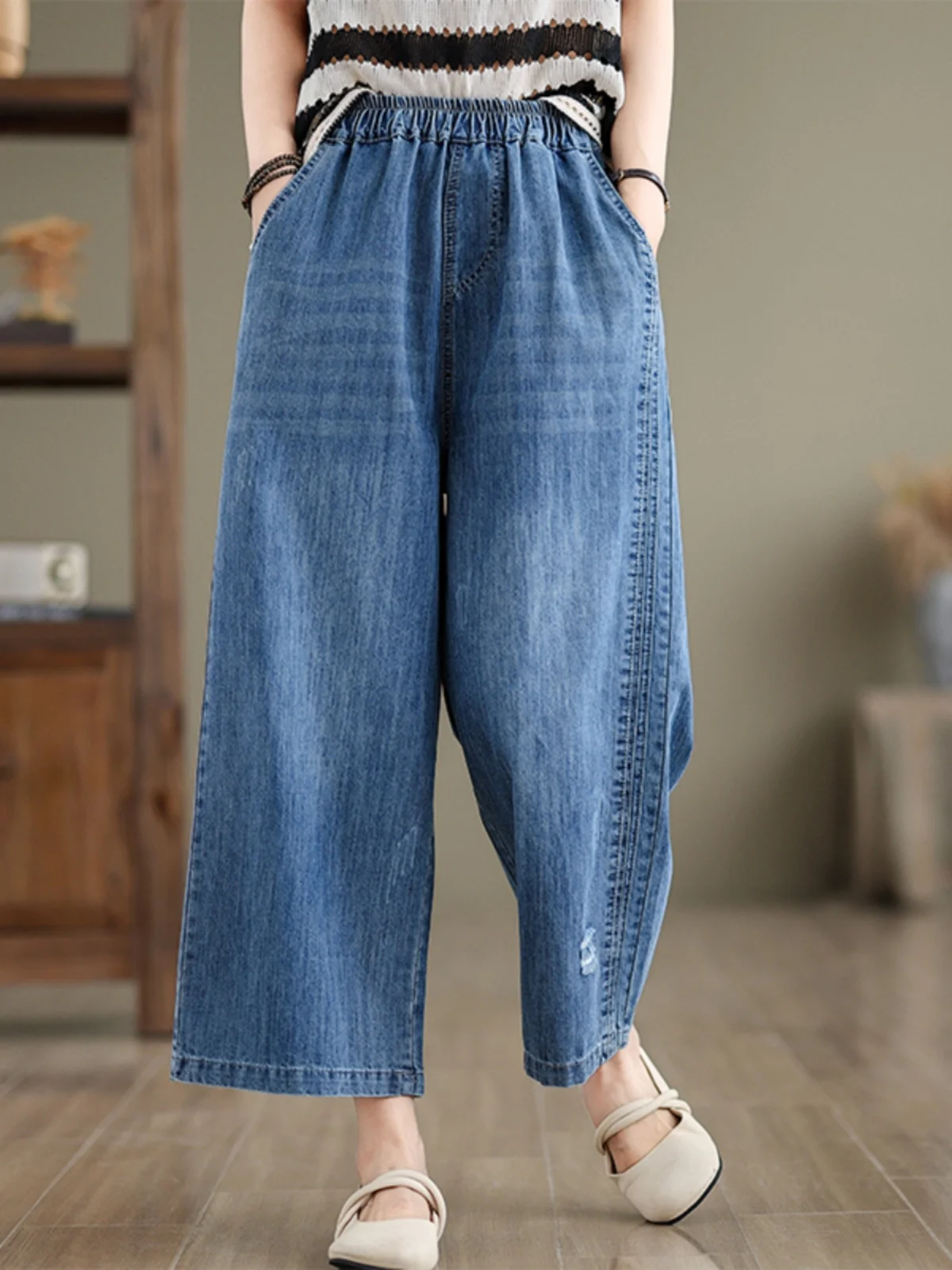 กางเกงขายาวเอวสูงทรงหลวมสไตล์เกาหลีสำหรับผู้หญิง รุ่นใหม่ล่าสุดสำหรับฤดูร้อน ให้ความรู้สึกหรูหรา ทรงตรงเก้าส่วน