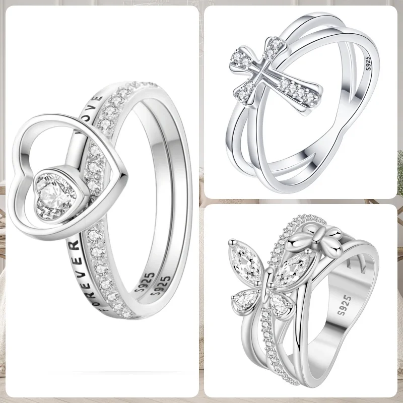 MISEFF Real 925 Sterling Silver Eternal Love Double Layer Rings For Wedding Engagement Birthday Silver Rings Jewelry Gift