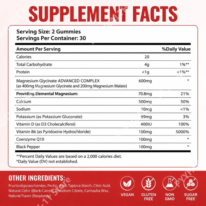 Magnesium Glycinate Gummies Sugar Free Vegan Raspberry Calm Sleep and Memory Support with Vitamin D3 and B6 CoQ10 60 Gummies