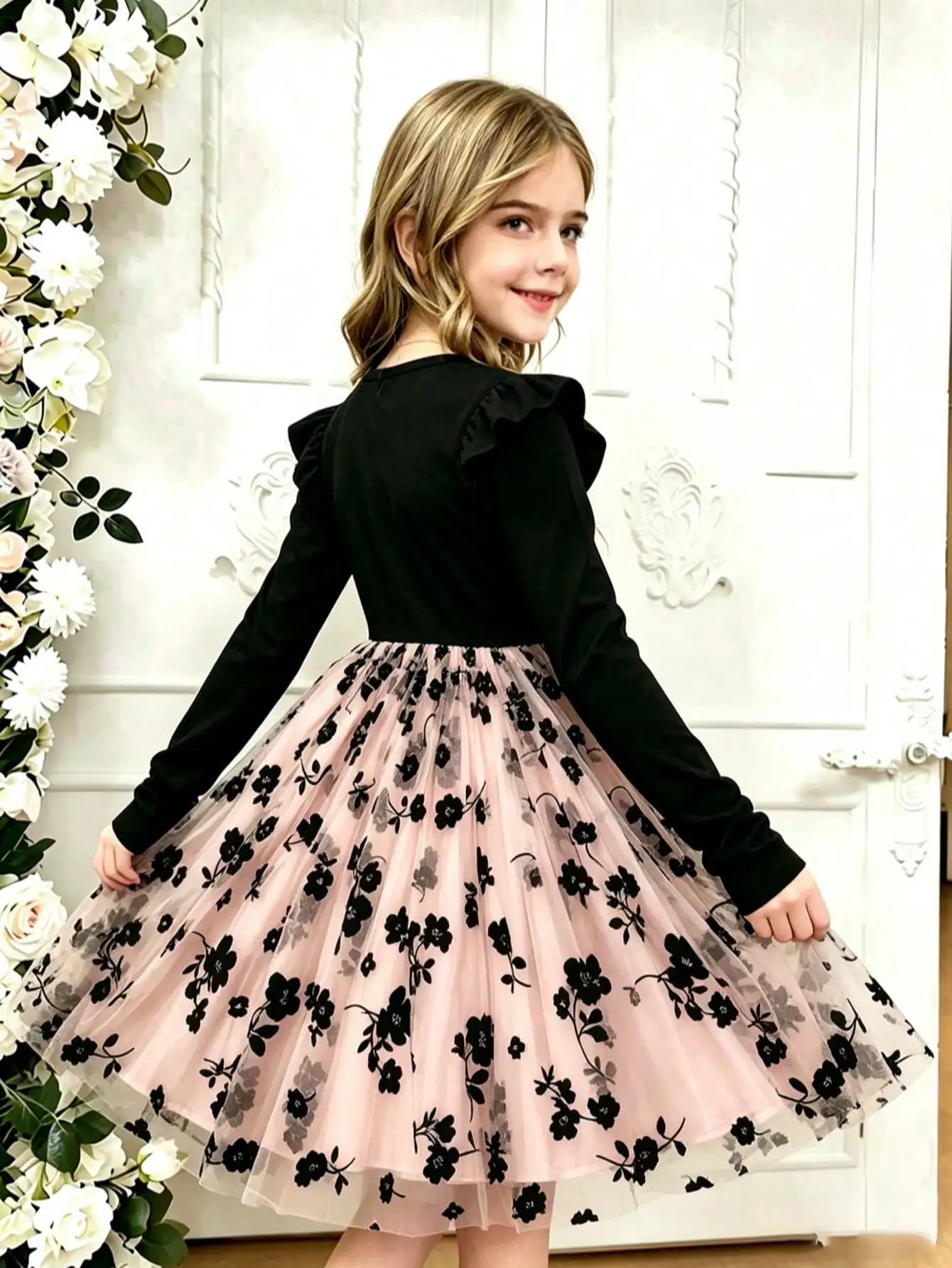 Girls' Casual round Neck Dress Autumn Lotus Leaf Side Length Sleeve Mesh Flower Print Children's Clothing