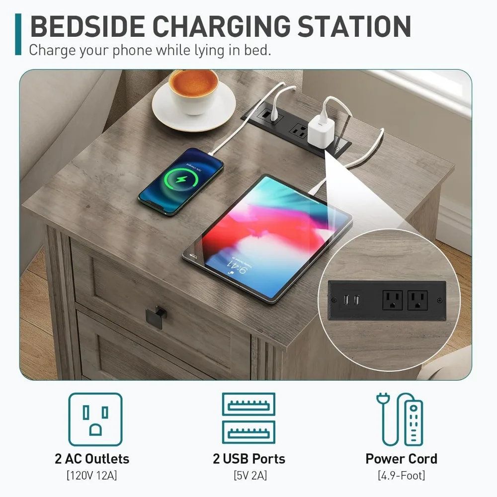 مجموعة منضدة مكونة من 2، حامل ليلي مع 3 أدراج، طاولة نهاية واسعة 18 بوصة مع محطة شحن، طاولة بجانب السرير في المزرعة، علامة تبويب جانبية #4