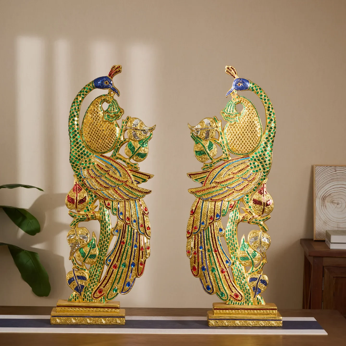 

South East Asia style, handmade wood carving gold leaf peacock ornament, decorative living room ornament corridor aisle
