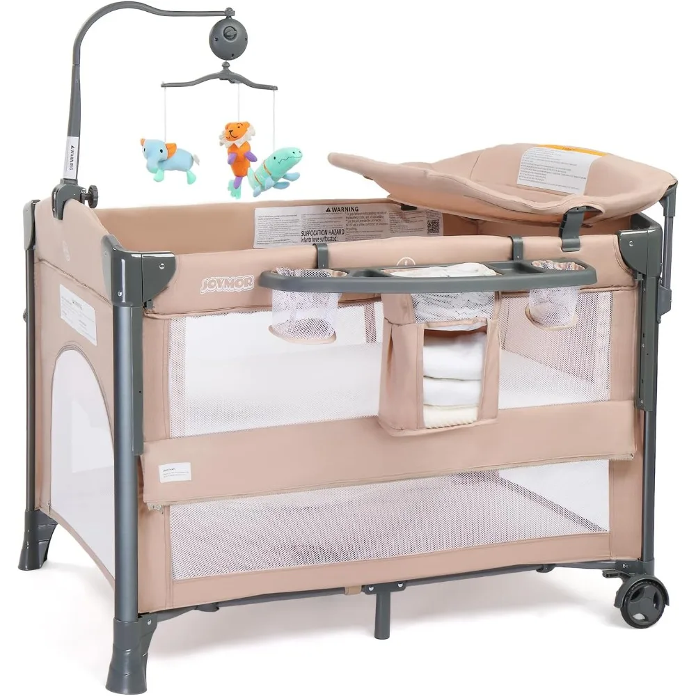 

5 in 1 Baby Bassinet with Changing Table, Besdide Sleeper Portable Pack and Play with Mattress and Sheet, Toy, Wheels