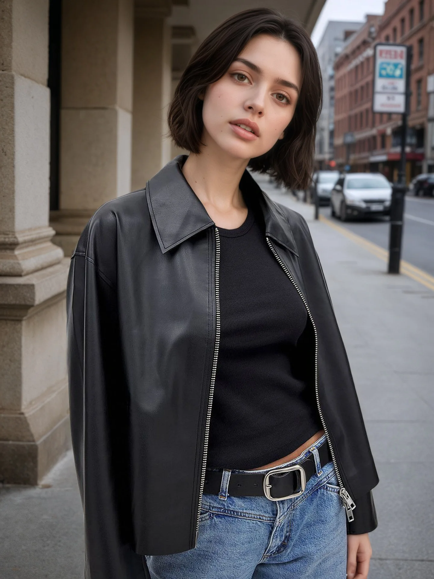 Otoño e Invierno nueva cremallera de solapa de moda con bolsillos dobles Chaqueta corta de cuero negra para mujer, estilo fresco y elegante