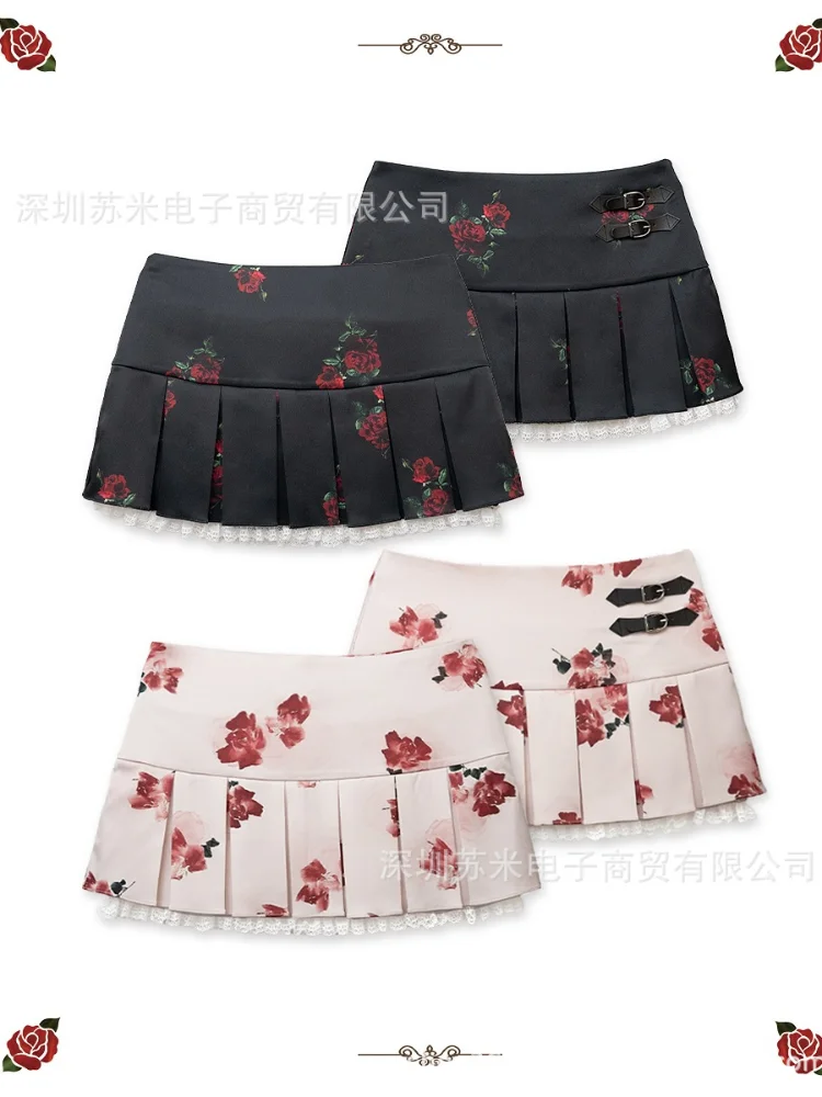 

Rose Print Pleated Mini Skirt Women Lace Trim High Waist A-Line Y2K Coquette Casual Streetwear Summer Short Skirt