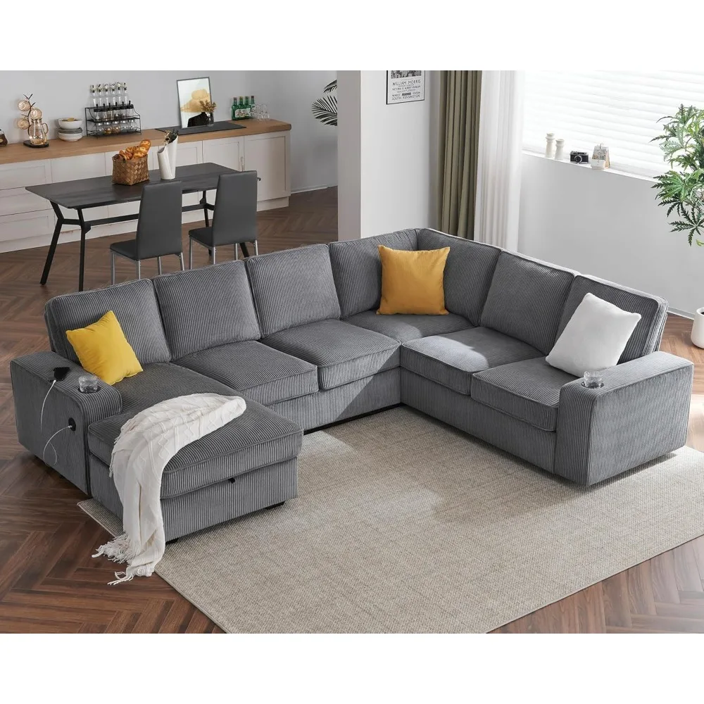 Oversized Sofa, 112 Inch U Shaped Sofa with USB Ports, Sectional Sofa Couch with Storage Chaise, Corduroy Grey