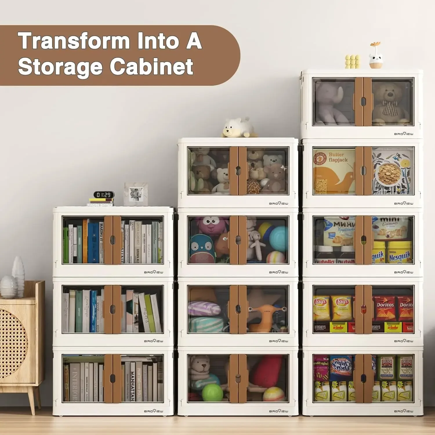 Stackable Storage Bins with Lids, 104 Gal Closet Organizers with Wheels, Open Front Collapsible Storage Boxes, Plastic Foldable