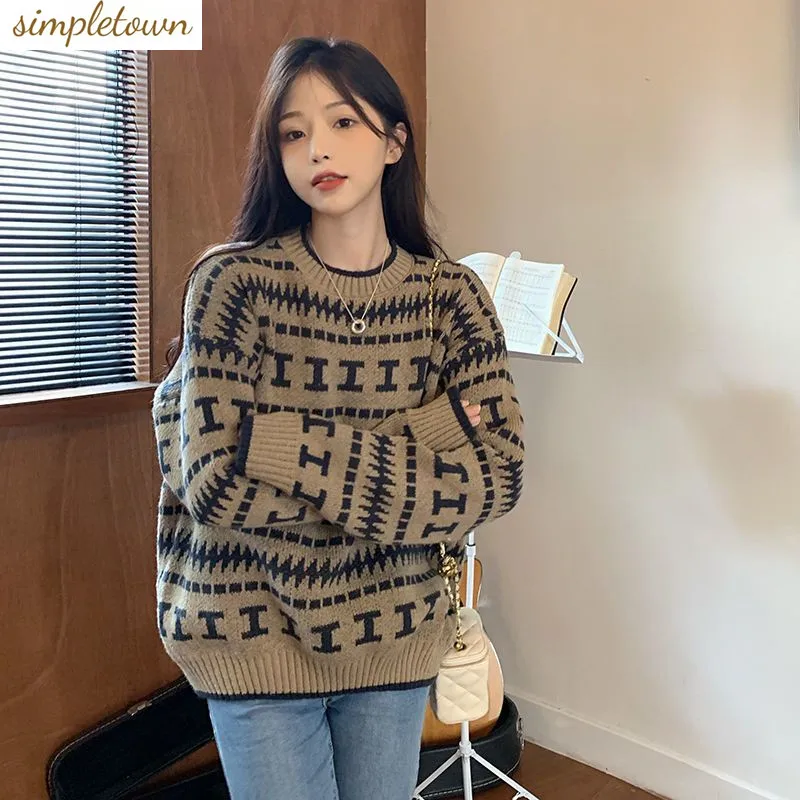 

2023 Autumn and Winter New Loose Top Women's Lazy Style Long Sleeved Retro Japanese Versatile Knitted Sweater