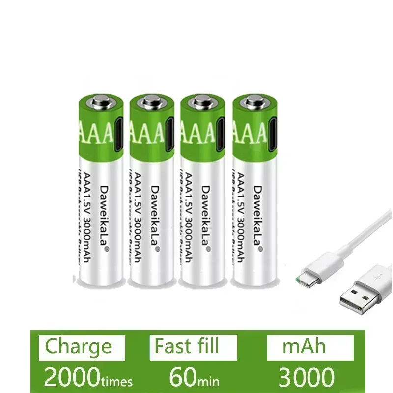 USB AAA Rechargeable Batteries 1.5V 3000mAh Li-ion Battery for Remote Control Mouse Electric Toy Battery + Type-C Cable