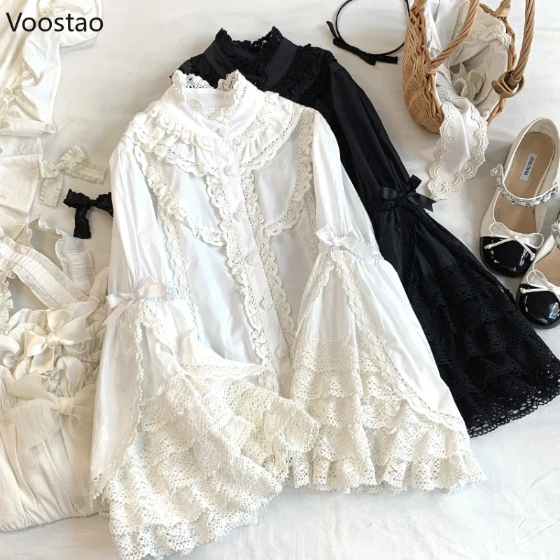 Victorian Elegant Lolita Shirts Women Harajuku Gothic Y2k Lace Ruffle Flare Sleeve Cotton Blouse Female Vintage Blusas Mujer Top