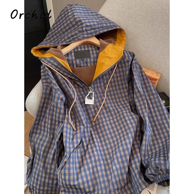 2024 Autumn Women's Casual Long Sleeve Plaid Sweatshirts Female Street Vintage Style Fashion Loose Fit Zipper Hoodies Top