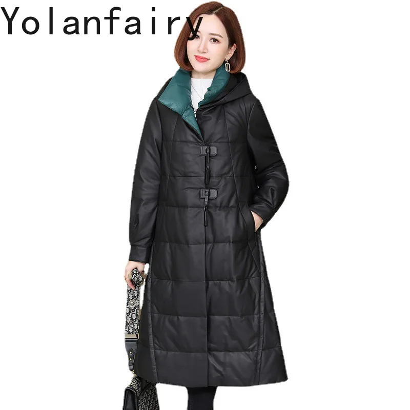 YOLANFAIRY-Doudoune longue en cuir pour femme, peau de mouton véritable, OutChester, style adt, chaud, hiver, CombNew Jaqueta Feminina