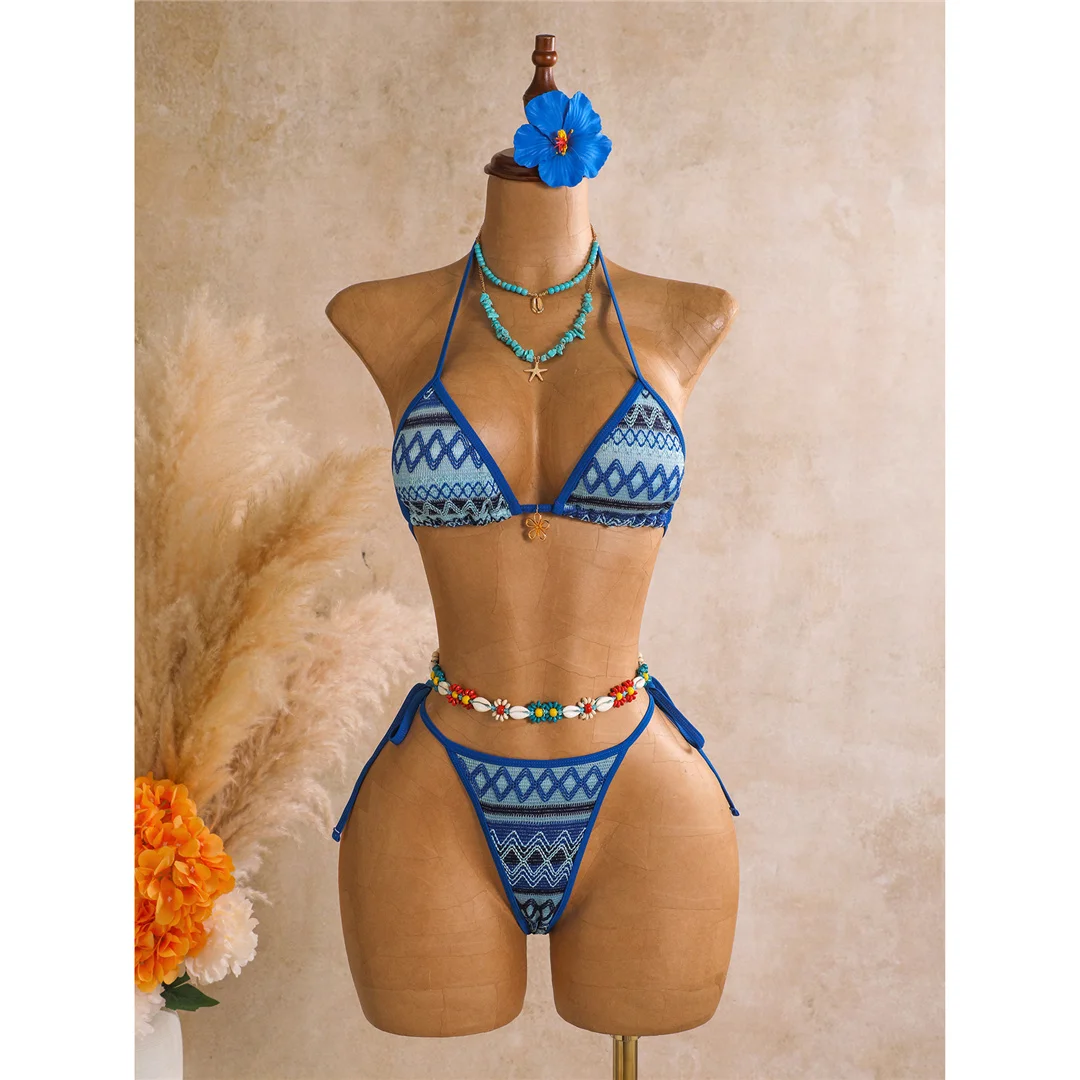 Bedruckter Bikini mit Sarong-Oberteil, Damen-Badeanzug, dreiteiliges Bikini-Set, gepolsterter Badeanzug, Badebekleidung, Modell V8332. – Detail 27