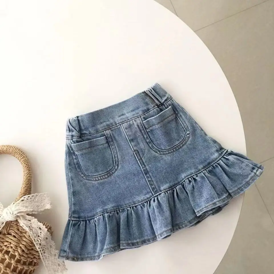 Girls\' Summer Denim Suit Skirt 2023 New Children\'s Korean Version Bubble Sleeve Girls\' Fishtail Skirt Two-piece Set Kids Outfits