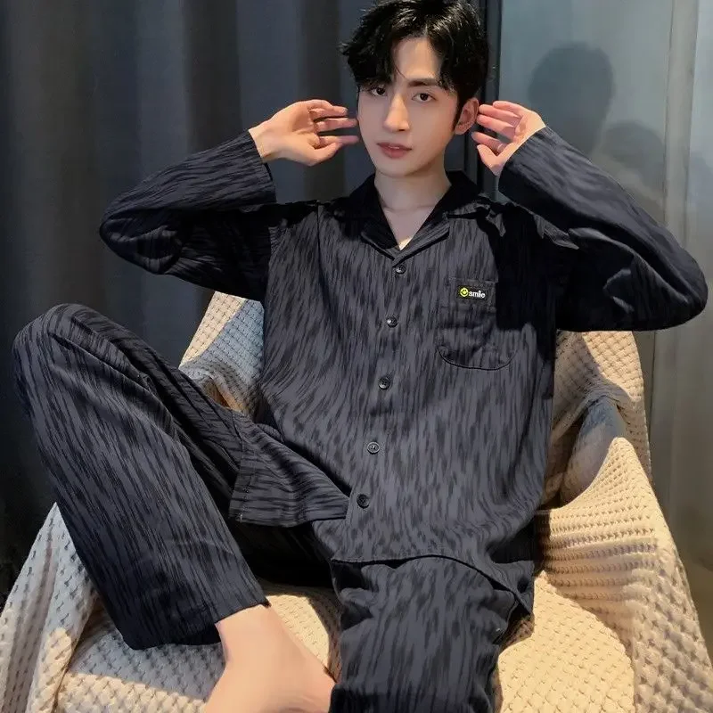 

Cotton Sleepwear Men Long Sleeve Cardigan Long Pants Pajama Sets Loungewear Sets Loose Spring Autumn Nightwear Korean Loose