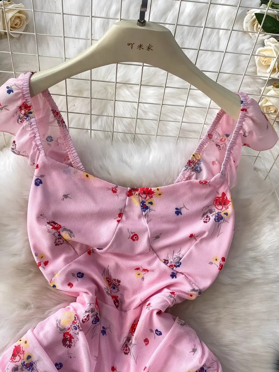 Foamlina 2025 New Floral Print Mesh Pleated Dress Women French Sexy Square Neck Flying Sleeve Slim Fit  Bodycon Dress