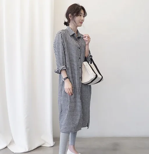 Camisa a Cuadros para Mujer, Estilo Retro, Manga Larga, Corte Recto, Estilo Coreano Japonés, Básica de Otoño, Algodón