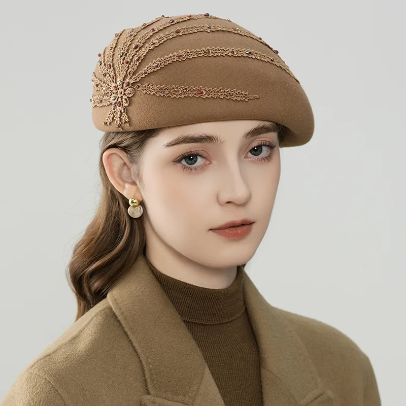 100% Wool Small Top Hats For Luxury Women Elegant Berets 2026 Winter Wedding Ceremony Church Cap Flower Ladies Felt Fedoras