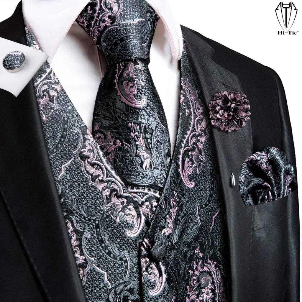 Hi-Tie High Quality Silk Mens Vests Pink Gray Floral Waistcoat Tie Hanky Cufflinks Brooch Set for Men Suit Wedding Office Gift