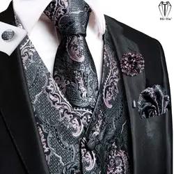 Hi-Tie-Conjunto de chalecos de seda de alta calidad para hombre, conjunto de gemelos de Hanky, broche, chaleco Floral rosa y gris, traje de boda, regalo de oficina