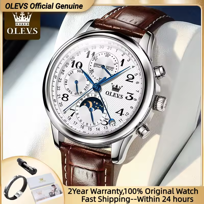 OLEVS Original Herren-Automatikarmbanduhr mit Mondphasenkalender, wasserdicht, Edelstahl, Lederarmband, mechanische Uhr für Herren