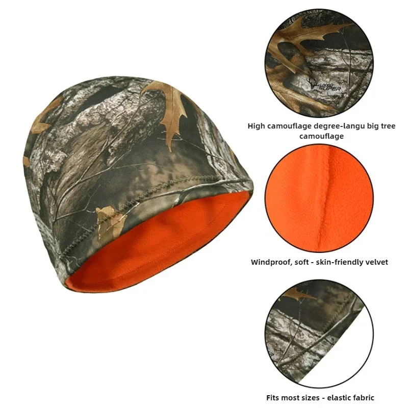 Polar Fleece Big Tree Leaf Camouflage Hunting Hat Outdoor Warm Windproof Mountaineering Hiking Cycling Head Cap